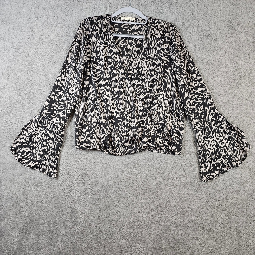 Lovestitch Womens Small Abstract Animal Print Bell Sleeve Surplice‎ Wrap Blouse